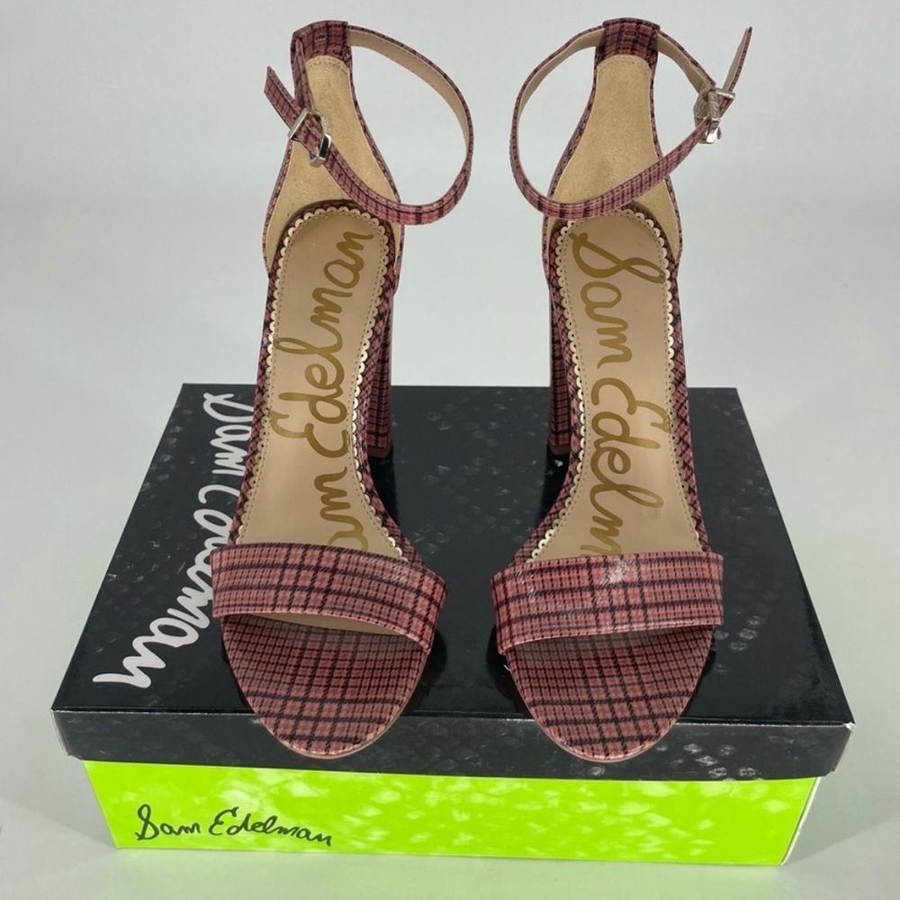 SAM EDELMAN NEW YARO ANKLE STRAP SANDALS HEELS CAMEO PINK PLAID 7 - Picture 4 of 9
